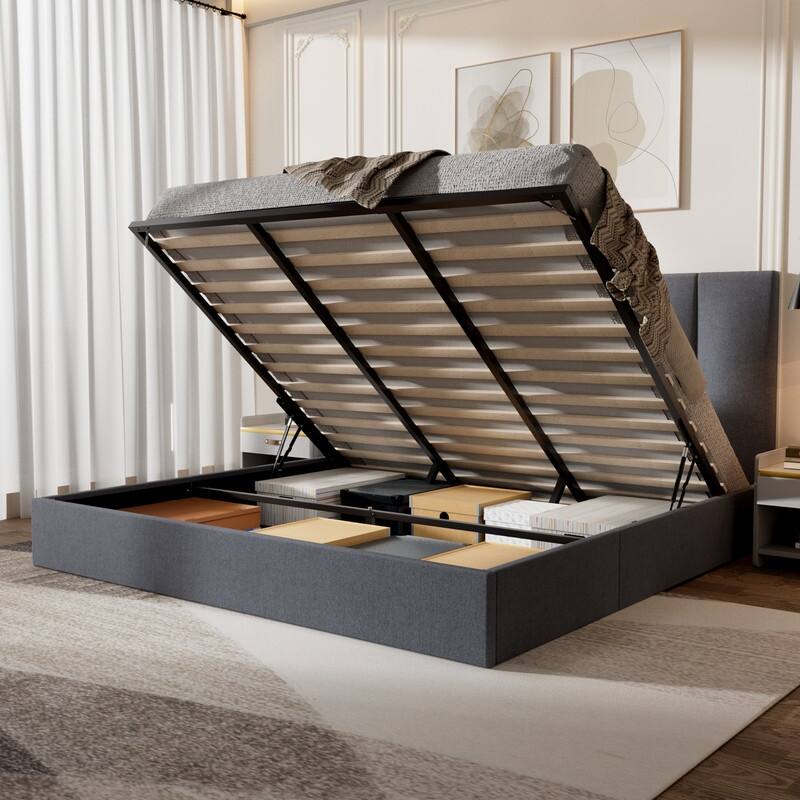 Modern Upholstered Lift-Up Storage Platform Bed with Headboard