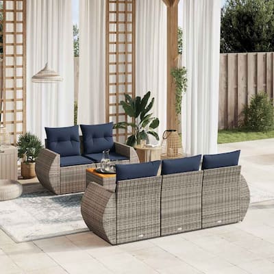 vidaXL 6 Piece Patio Sofa Set with Cushions Gray Poly Rattan - 76.8x33.5x55.1