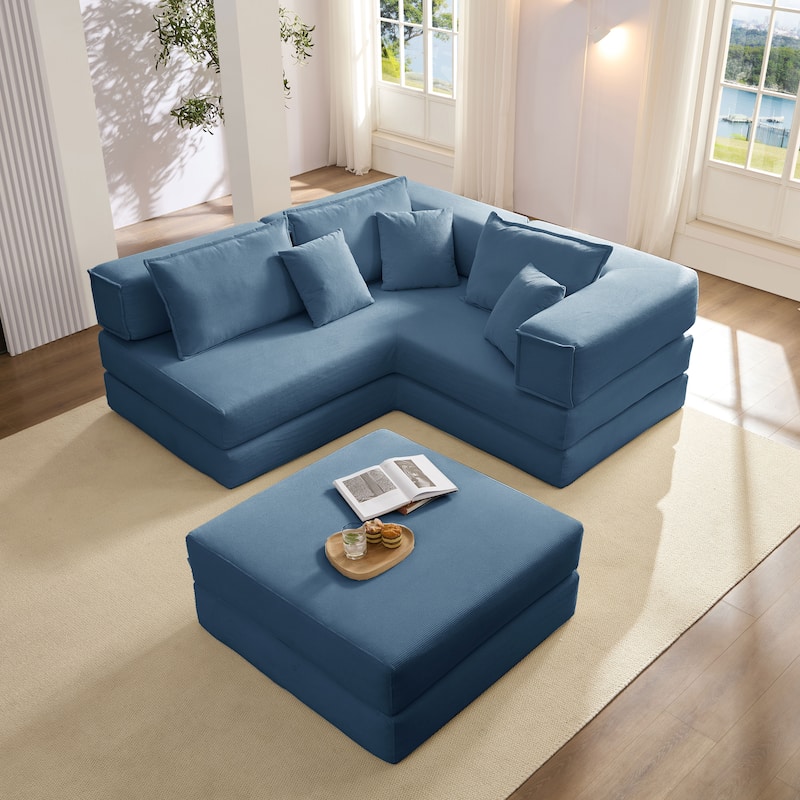 DIY Modular Corduroy L-Shaped Floor Sofa Set with 6 Pillows