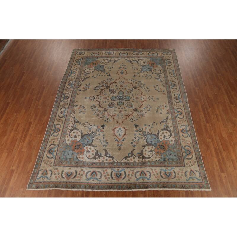 Tabriz Persian Vintage Area Rug Hand-Knotted Beige Wool Carpet - 9'6"x 12'5"