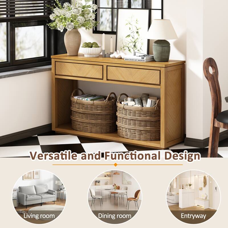 55" Rustic Wooden Entryway Console Table with Storage Drawers & Open Shelf