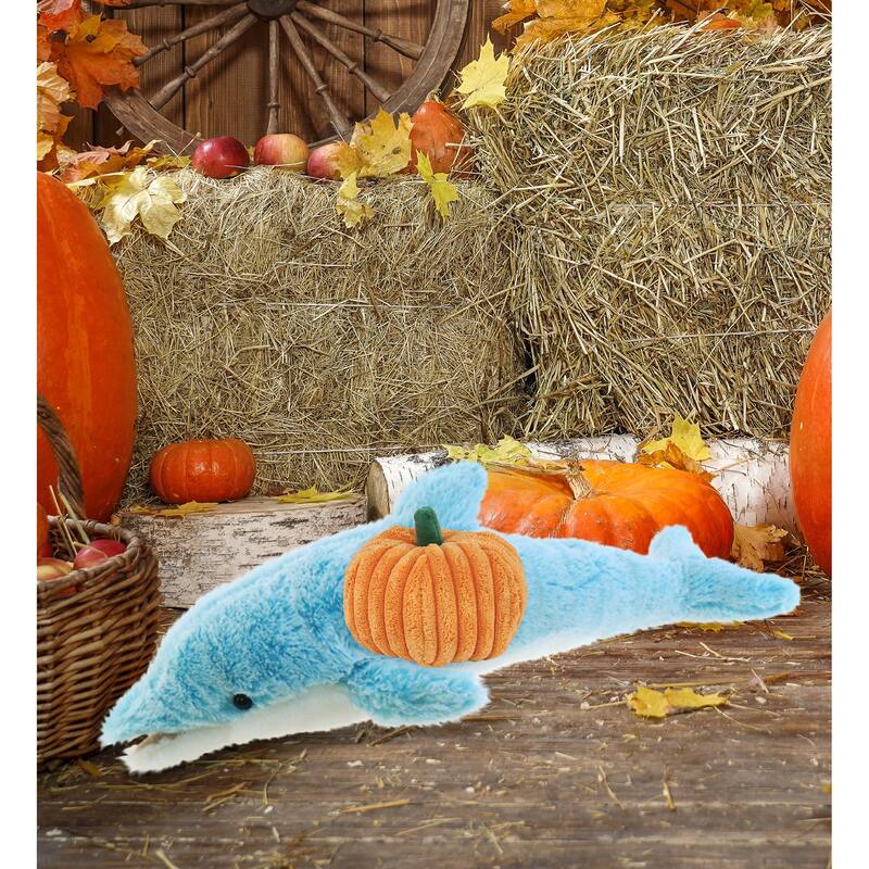 DolliBu Super Soft Dolphin Stuffed Animal with Pumpkin Decor - 14 inches
