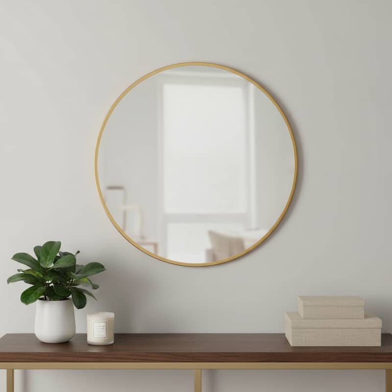 HomeRoots 31" Gold Metal Round Framed Accent Mirror - 31.00 in. x 31.00 in. x 1.10 in. - 31.00 in. x 31.00 in. x 1.10 in.