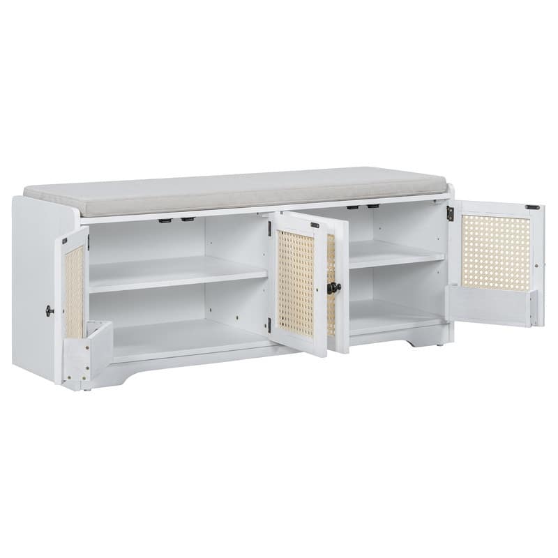 Rustic 47.4" Storage Bench Multifunctional Wooden Entryway Organizer with Removable Cushion and Rattan Doors