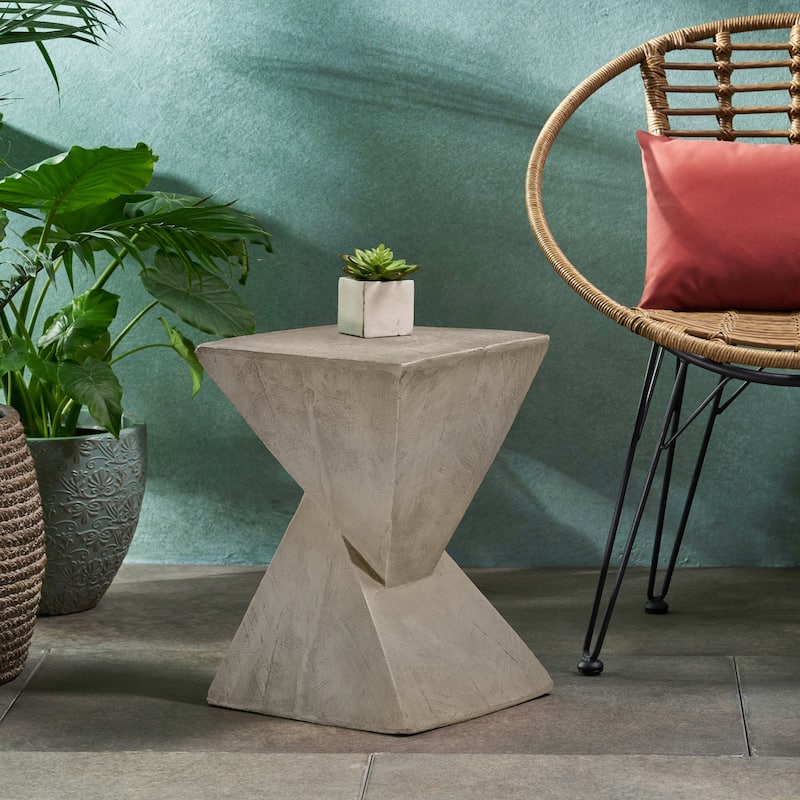 Roomfitters Hourglass MGO Side Table with Wood-Like Texture and Sculpted Angled Base, Modern Indoor Accent Piece