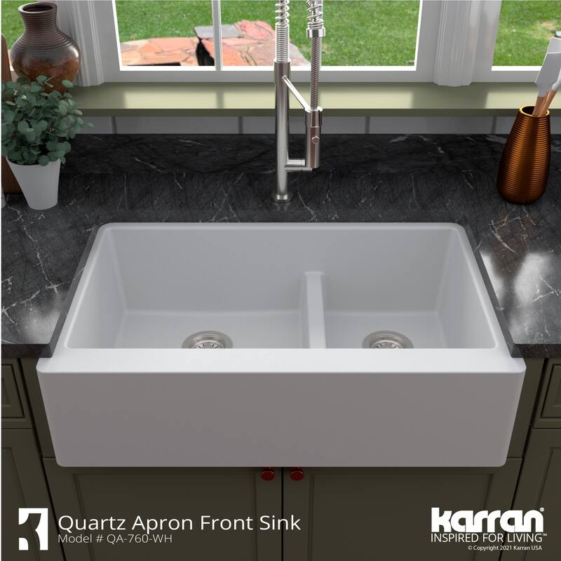 Karran Farmhouse/Apron-Front Quartz Double Bowl Kitchen Sink Kit