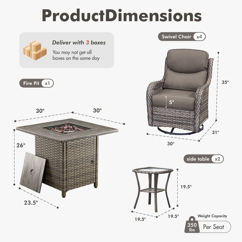 Meyreso 7-Piece Outdoor Patio Wicker Fire Pit 4 person Conversation Set with 5-Inch Thick Cushions