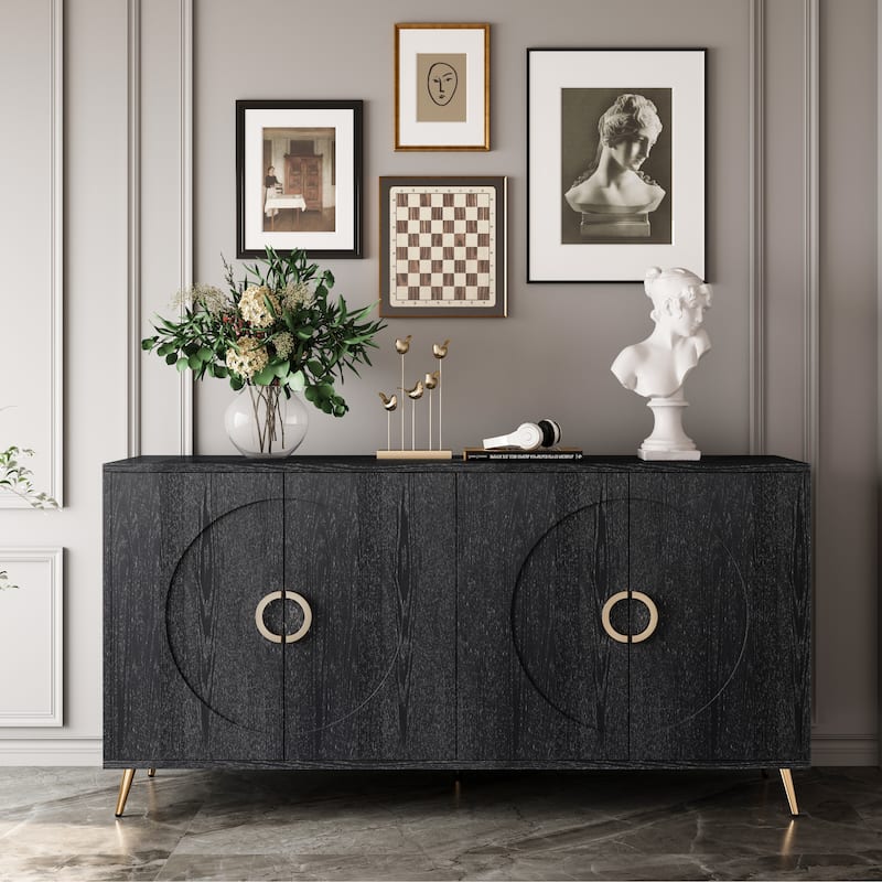 Wooden Cabinet with 4 Door, Kitchen Buffet Cabinet with Metal Handles and Legs, Storage Cabinet with Adjustable Shelf - Distressed Black