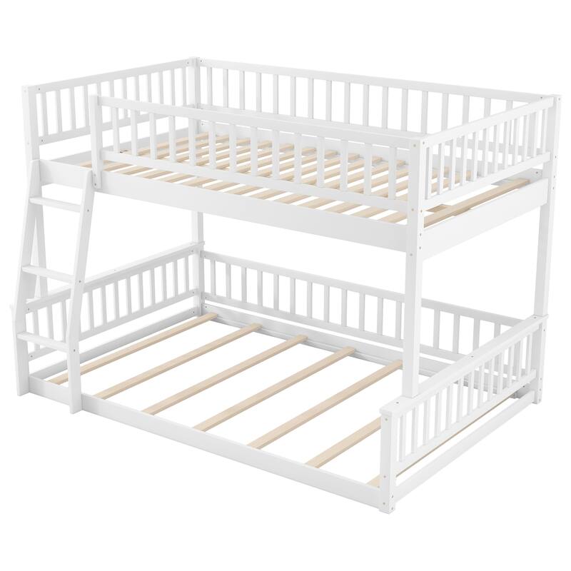 Full XL over Queen Bunk Bed with Ladder & Guardrails, Sturdy Stackable Bed Frame