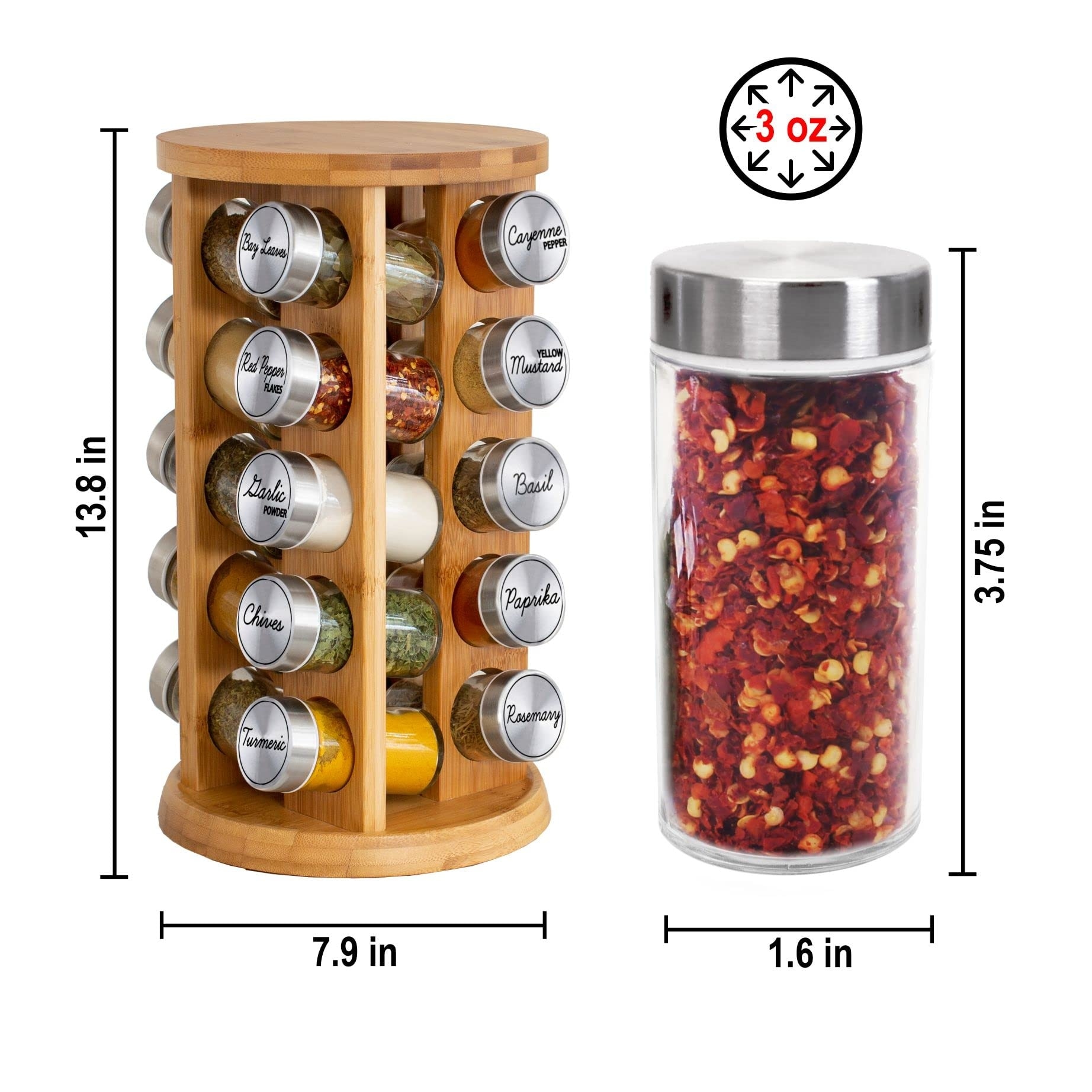 20 Jar Bamboo Spice Rack with Spices Included Rotating Tower