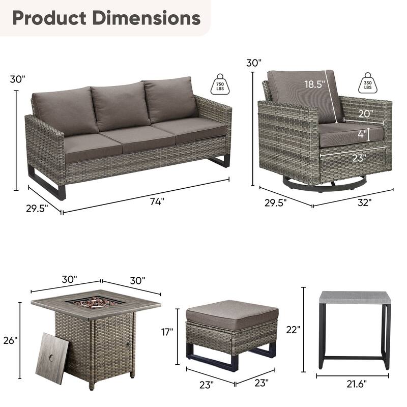 7 Pieces Fire Pit Table with Sofa Swivel Chair Ottoman Set