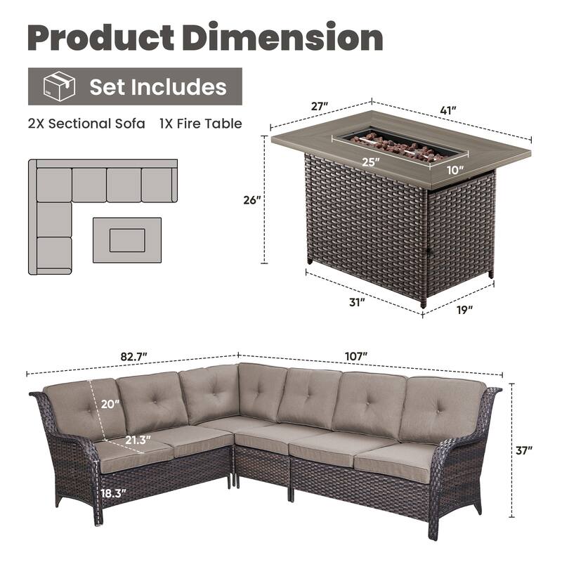 Gymojoy 2-Piece Outdoor Wicker Patio Furniture with Fire Pit and L-shaped Sectional Sofa, Coversation Set with Thick Cushions