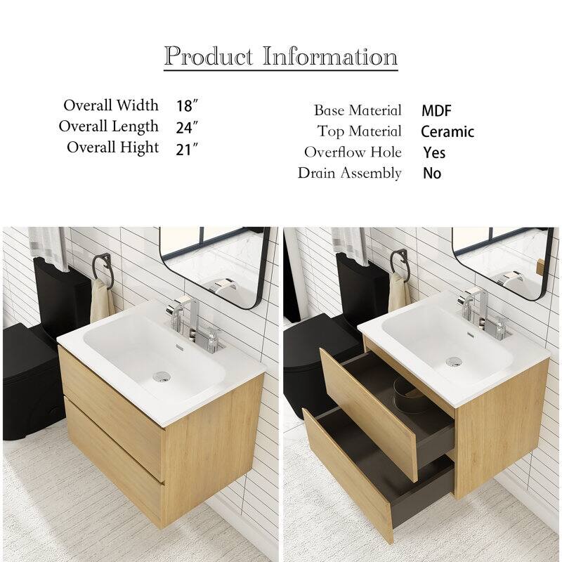 24 inches Wall-mounted Bathroom Vanity Set with White Ceramic Integrated Sink - 24" x 18"