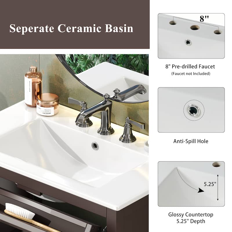 30" Modern Bathroom Vanity Set with Ceramic Sink - Adjustable Shelf & Tip-Out Tray, Soft-Close Hinges, Silver Knobs
