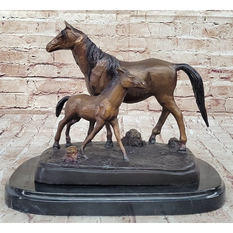 Bronze Sculpture Figurine Mare W/ Her Baby Imitative Horse Stallion Farm Art Deco Moigniez