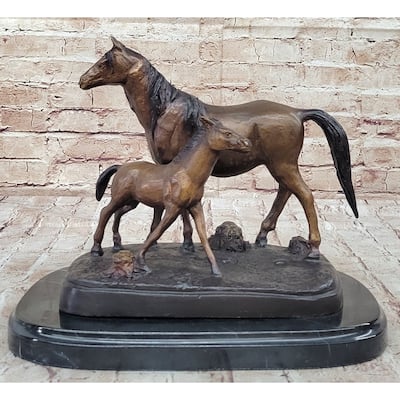 Bronze Sculpture Figurine Mare W/ Her Baby Imitative Horse Stallion Farm Art Deco Moigniez