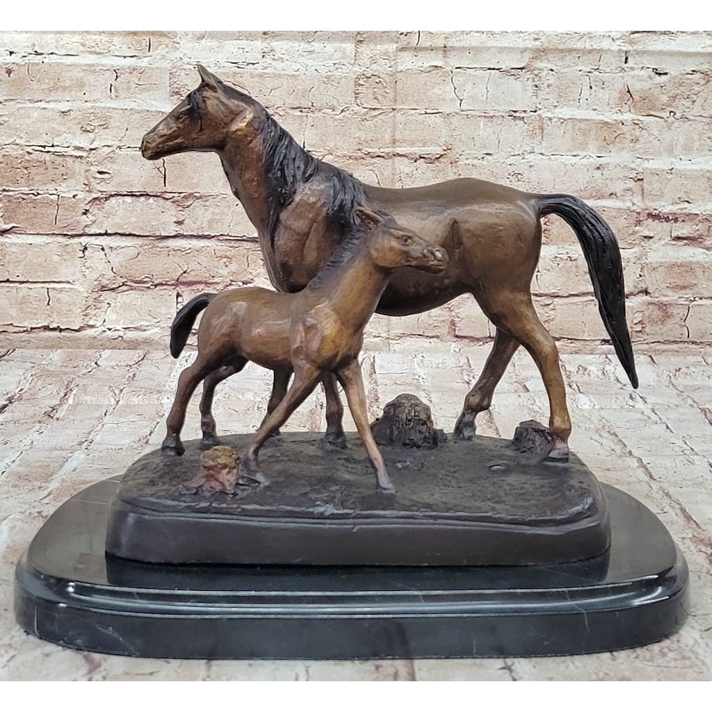Bronze Sculpture Figurine Mare W/ Her Baby Imitative Horse Stallion Farm Art Deco Moigniez