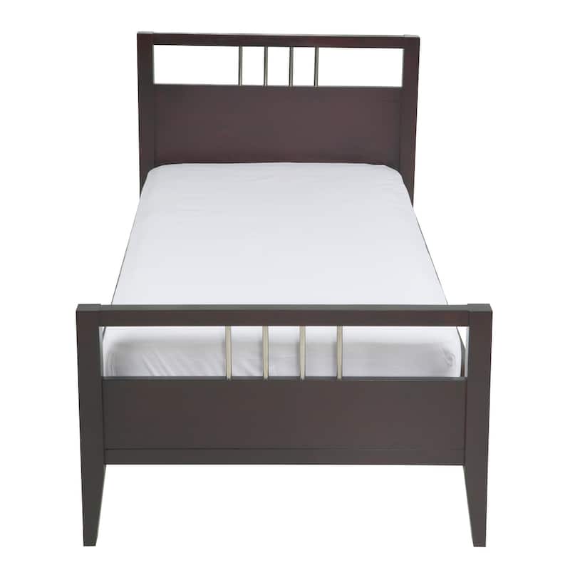 Fang Modern Twin Size Bed, Sleigh Headboard, Metal Bars, Espresso Brown