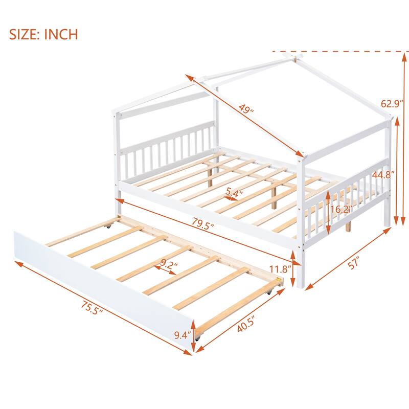 Full Size Wooden House Bed with Twin Size Trundle