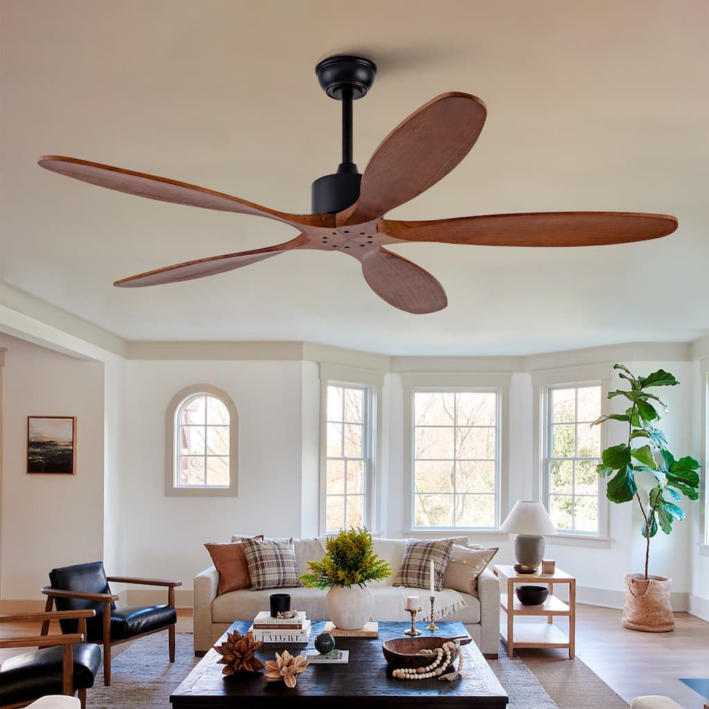 60 Inch Ceiling Fan With 5 Solid Wood Blades Remote Control Reversible DC Motor For Living Room