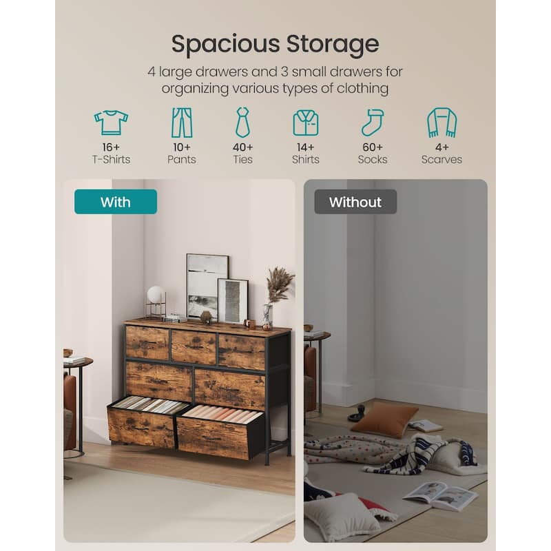 Drawer Fabric Dresser with Steel Frame & Wood Top Modern Storage Chest for Bedroom Closet or Living Room - Rustic Brown + Ink Black - 7-drawer