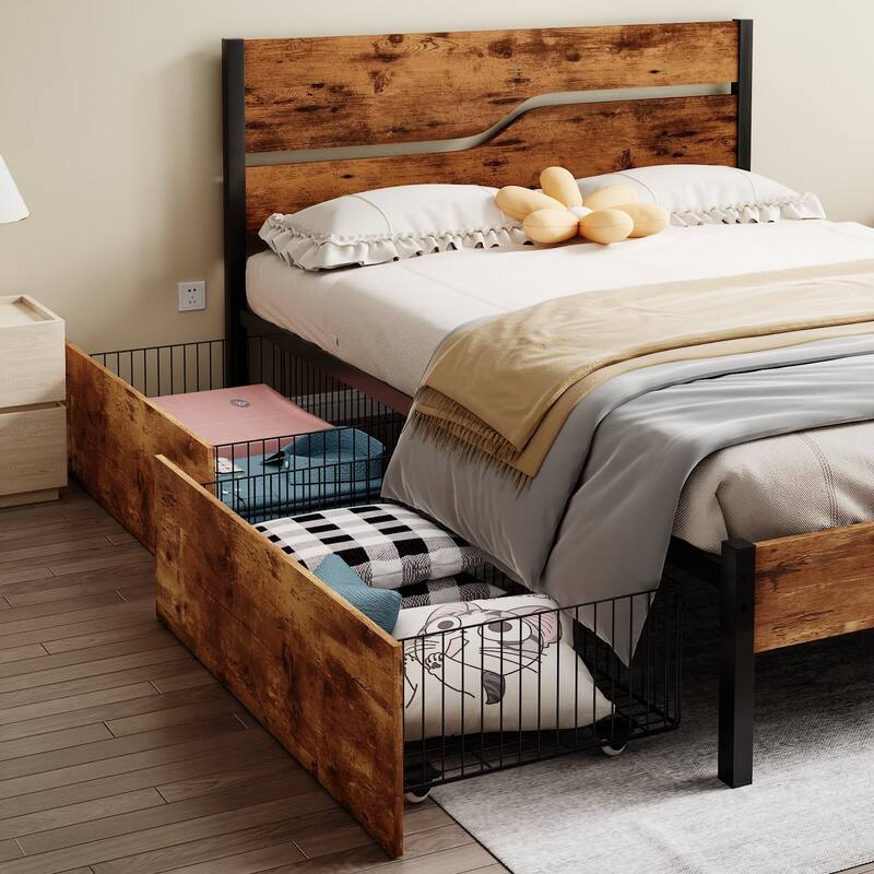 VECELO Upholstered Platform Bed Frame with 4 Storage Drawers, Full/Queen Size