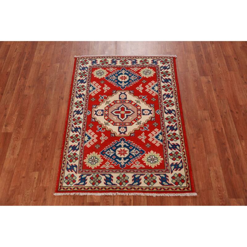Red Kazak Foyer Rug Handmade Geometric Wool Carpet - 2'11"x 3'11"