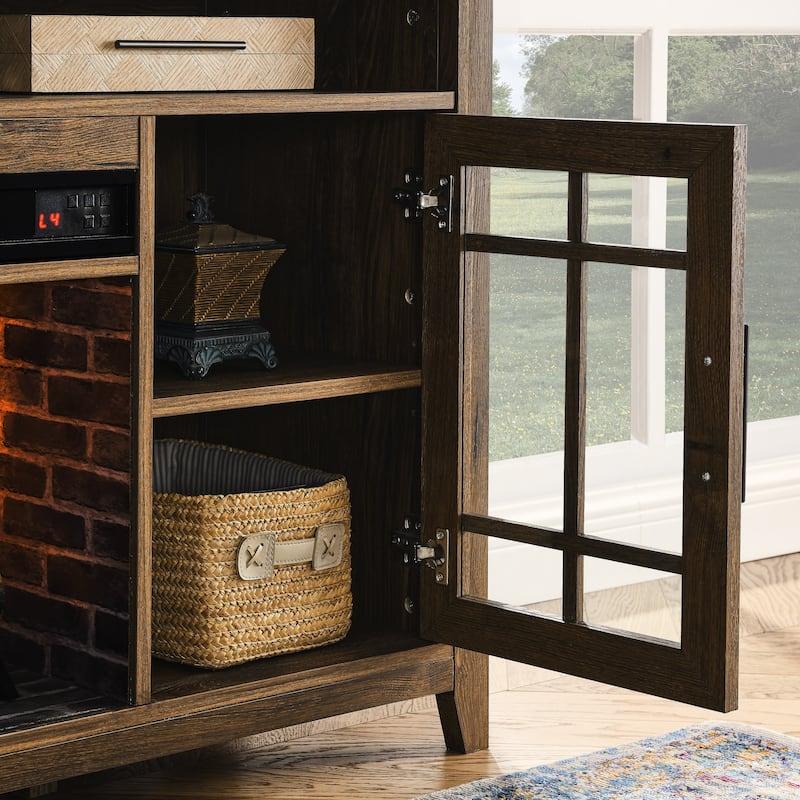 Reclaimed Barnwood 55" Fireplace TV Stand with Log Flames, Remote & Doors