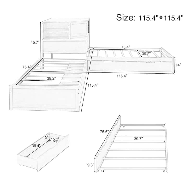 L-Shaped Triple Twin Bed with Built-In Desk, Drawers and Storage Space by Harper&Bright Designs