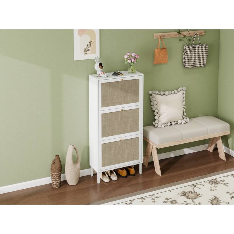 Shoe Storage Cabinet with 3 Flip Drawers, Freestanding 3-Tier Shoe Rack, Slim Shoe Organizer with Half Round Woven Rattan Doors