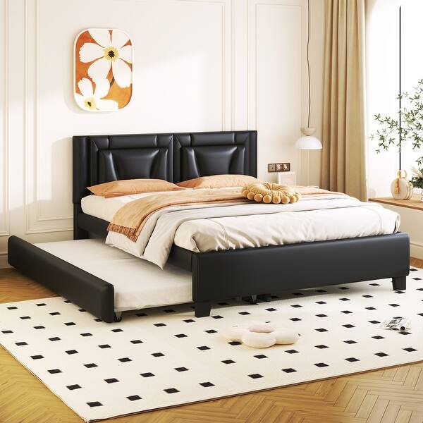 slide 2 of 7, Queen Size Upholstered Platform Bed with Headboard and Twin Trundle Black - Queen