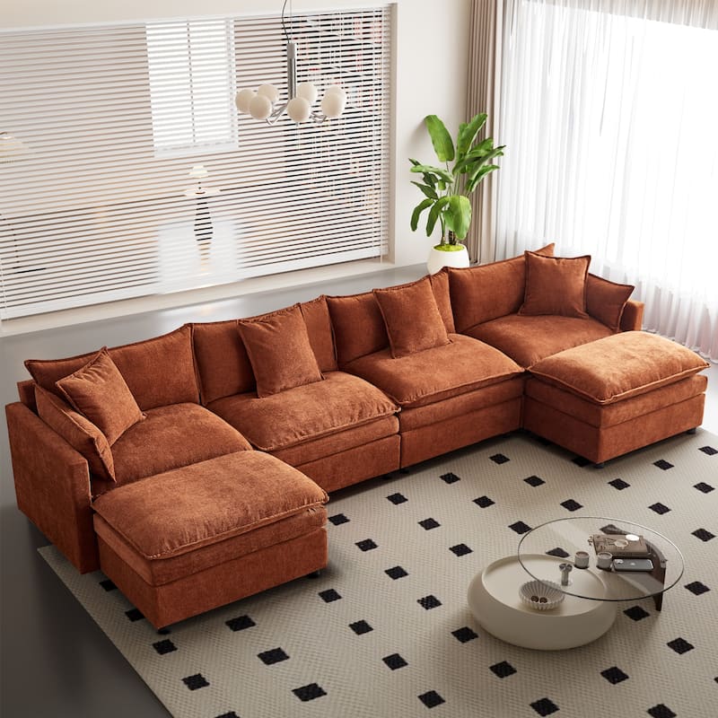 142.52" U-Shaped 6-Seat Sectional Sofa with Convertible Chaise and Ottomans, Spacious Cloud Couch