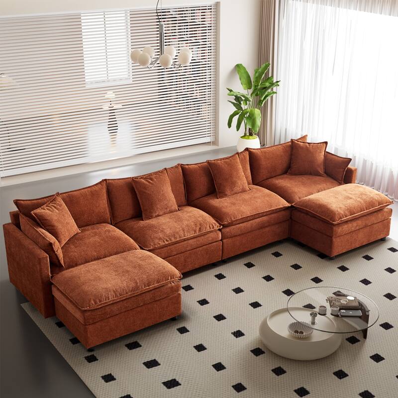 142.52" U-Shaped 6-Seater Sectional Sofa with Convertible Chaise and Ottomans, Spacious Cloud Couch for Comfort
