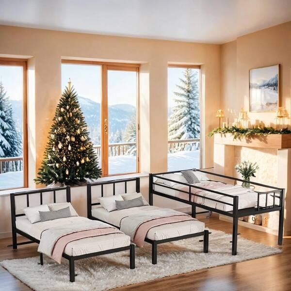 slide 2 of 14, Twin over Twin & Twin Bunk Beds for 3, Detachable Triple Bunk Bed With Guardrails, Elegant Triple Bunk Bed Black