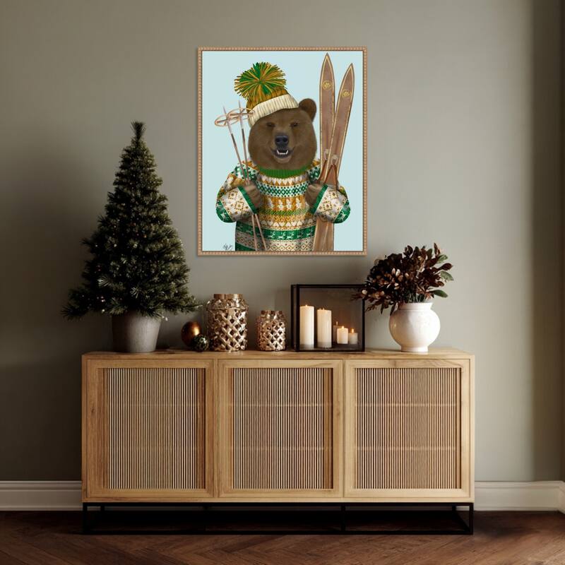 Bear in Christmas Sweater by Fab Funky (23 x 28 in.), Framed Canvas Wall Art Print - Sylvie Beaded Rustic Natural