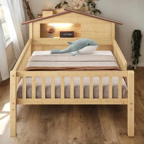 slide 2 of 12, Full Size Wood Platform Bed with House-Shaped Headboard, LED Light & Built-In Storage,for Kids & Teens Natural