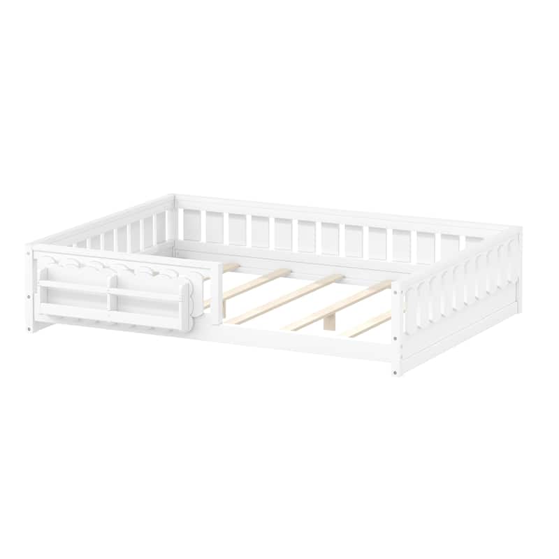 Kid Wood Platform Storage Bed Montessori Toddler Floor Bed Children Daybed with Guardrail and Side Creativity Storage Shelves