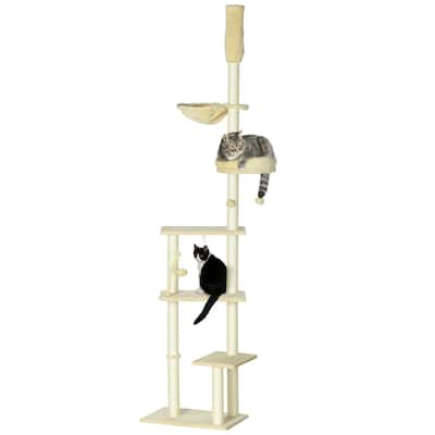 PawHut Floor to Ceiling Cat Tree, 90.5" - 98.5" Adjustable Height, Cat Climbing Tower with Carpeted Platforms, Cozy Bed, Hammock