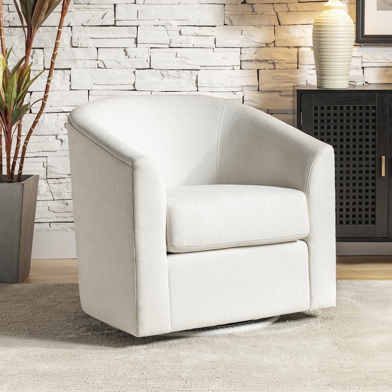 Cuenca Modern Living Room Wooden Upholstered 360° Swivel Barrel Chair with Metal Base and Wide Backrest - WHITE