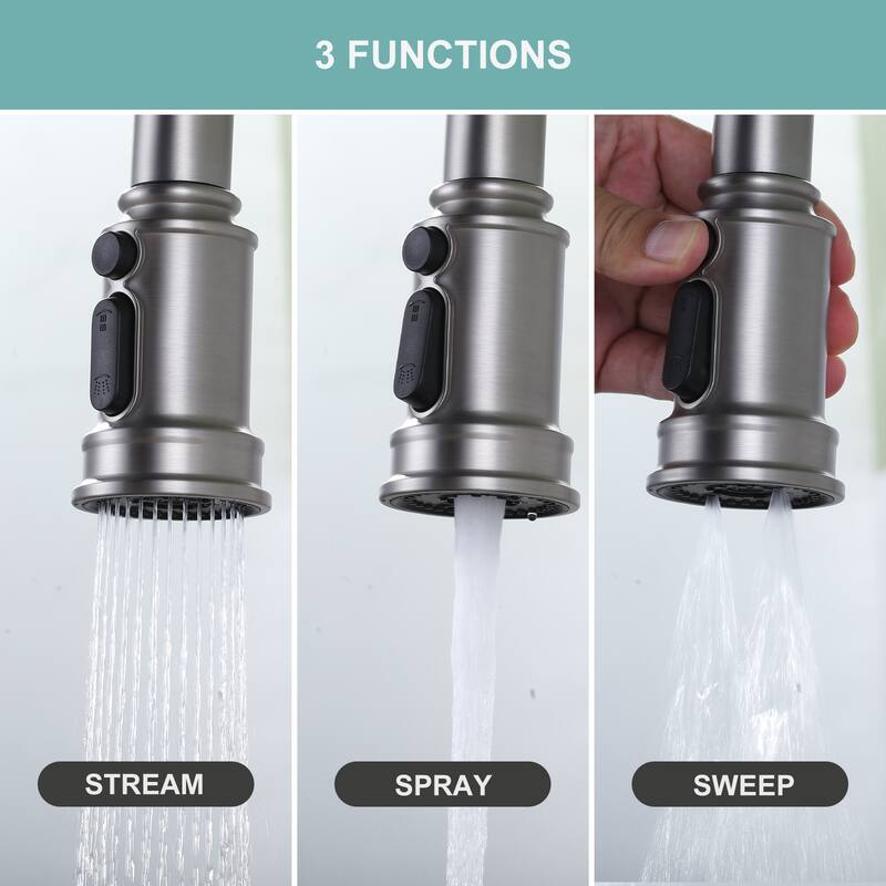 WOWOW Double Handle Pull Down Sprayer Bridge Kitchen Faucet