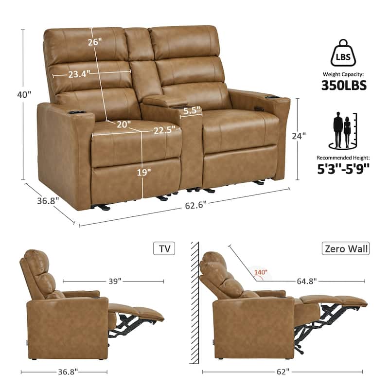 MCombo 62.6'' RV Recliner Loveseat Sofa with Console, Zero Wall Hugger Power Loveseat Recliner with USB Charge Ports, Outlet