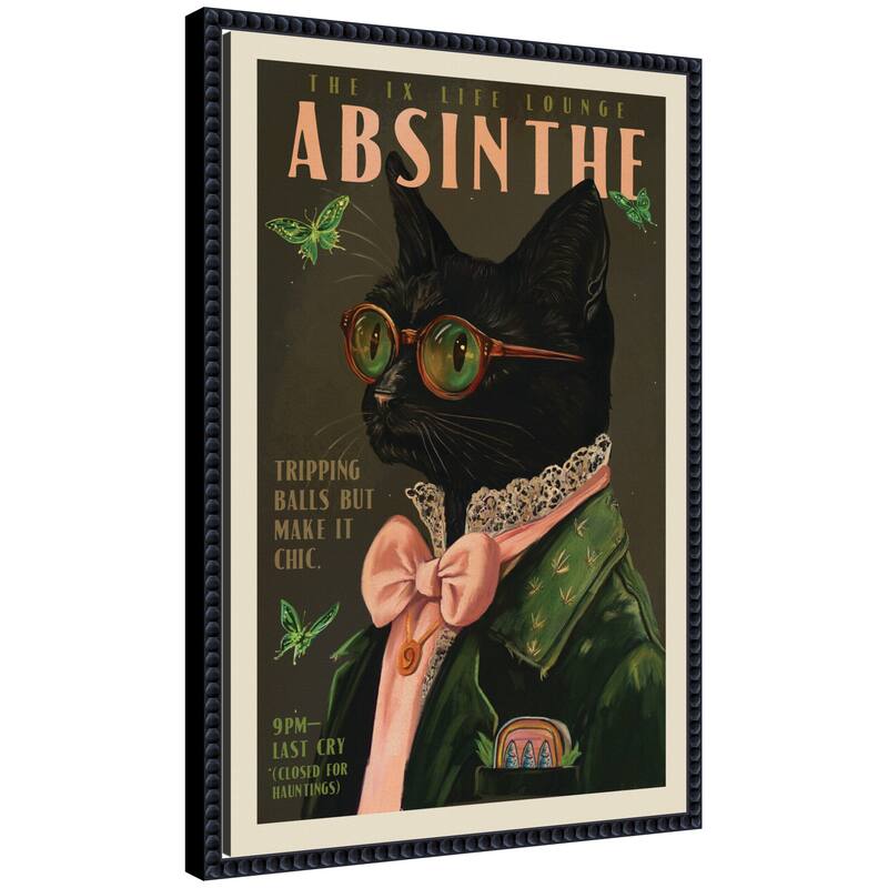 Kate and Laurel WG Absinthe Kitty by The Whiskey Ginger Framed Canvas Wall Art Print - 16x23 - Black