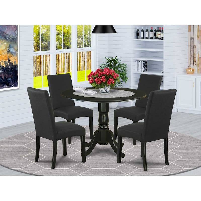 Round Kitchen Table Set 5pc 42" Table w/ Drop Leaves & 4 Parsons Chairs - Black Finish
