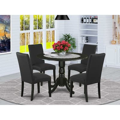 Round Kitchen Table Set 5pc 42" Table w/ Drop Leaves & 4 Parsons Chairs - Black Finish