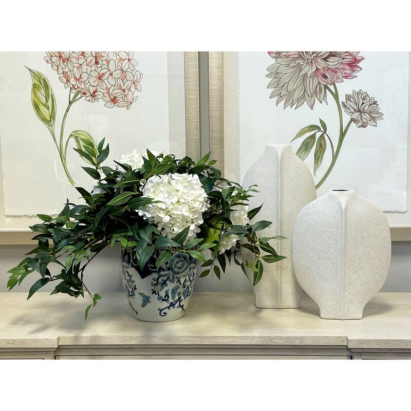 Hydrangea and Ruscus Arrangement in a Ceramic Vase - White, Green, Blue