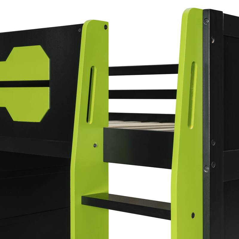 Teens All-in-One Esports Gaming & Work Loft Bed with Built-in RGB Lights, Side Gaming Desk, Console Storage, TV Area and Shelves