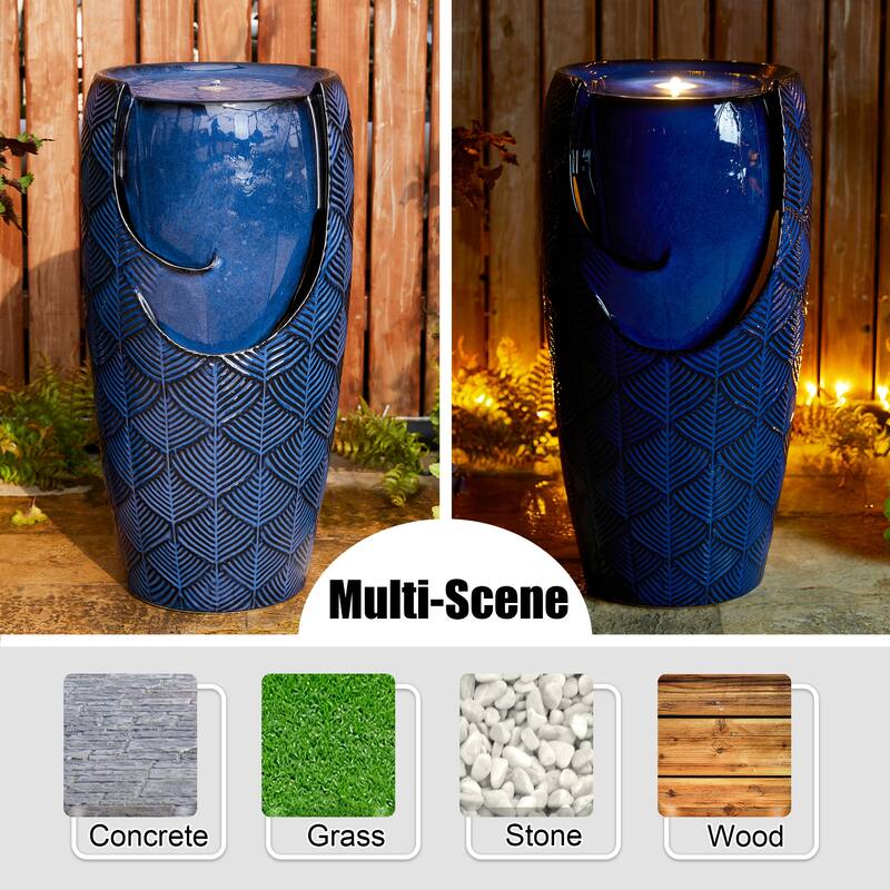 Glitzhome Oversized LED Lighted Ceramic Pot Floor Fountains for Outdoor Garden
