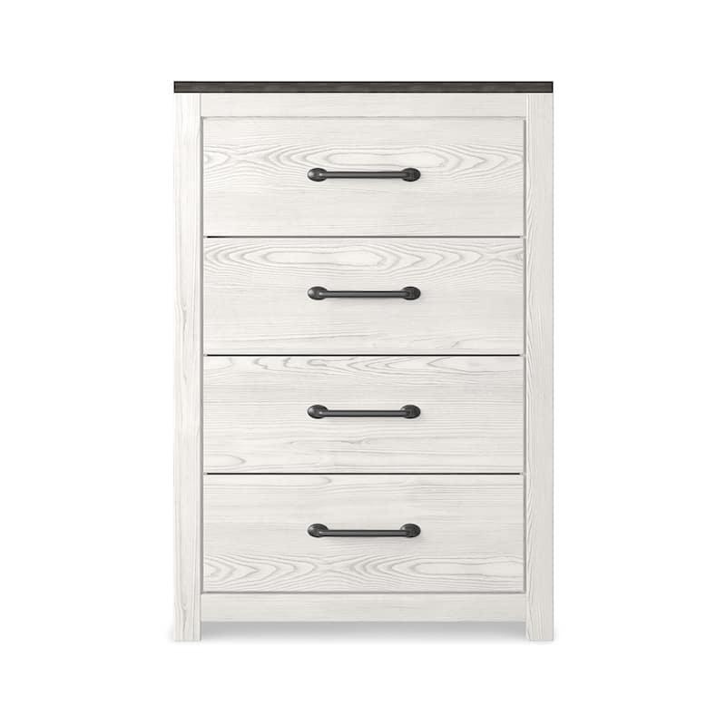 Hara Tall Dresser Chest, 4 Drawers Metal Handles, Farmhouse White Gray