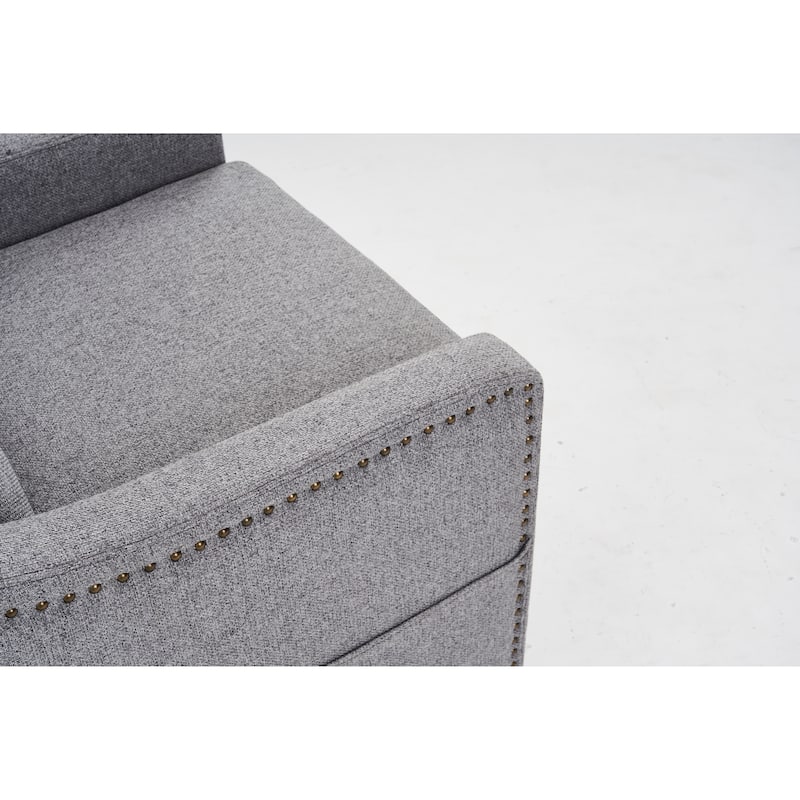 Linen Upholstered Swivel Accent Chair, Ergonomic Single Sofa Chair, Lounge Reading Chair with Nailhead Decor & Metal Base