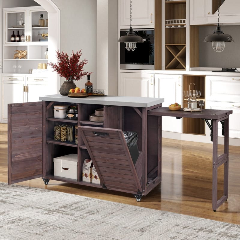 78.3" Outdoor Kitchen Island with Extendable Table, Trash Can Storage and Stainless Steel Top for BBQ Cooking